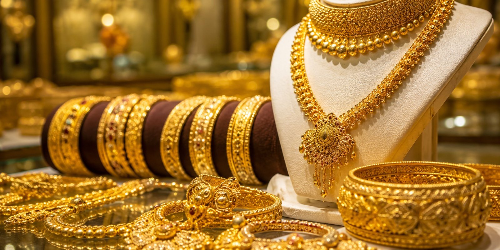 Gold jewellery displayed in a Hyderabad bullion shop.