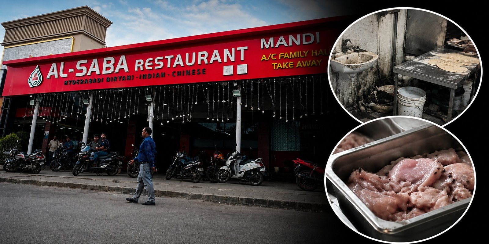 Food Safety officials inspecting Al Saba Restaurant kitchen in Gachibowli.