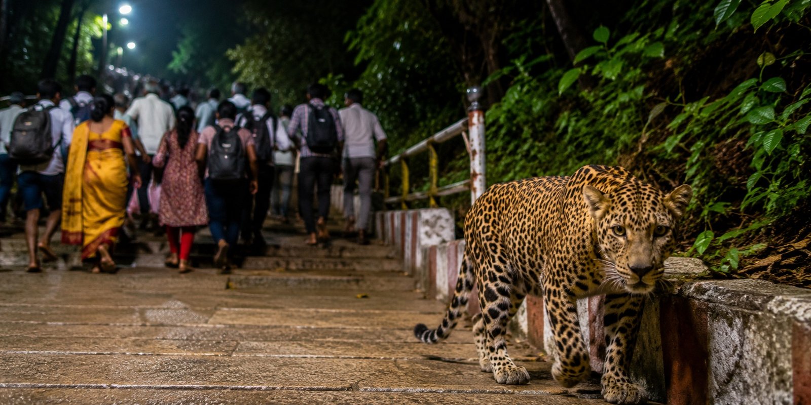 Leopard sighting on Tirumala Alipiri footpath near devotees.