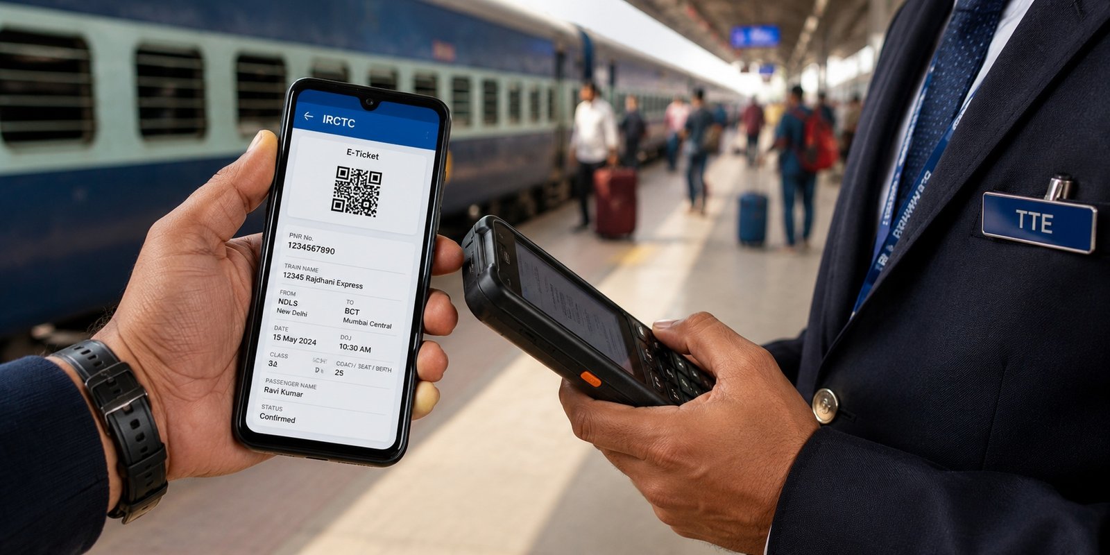 Passenger showing original IRCTC e-ticket during train ticket inspection.
