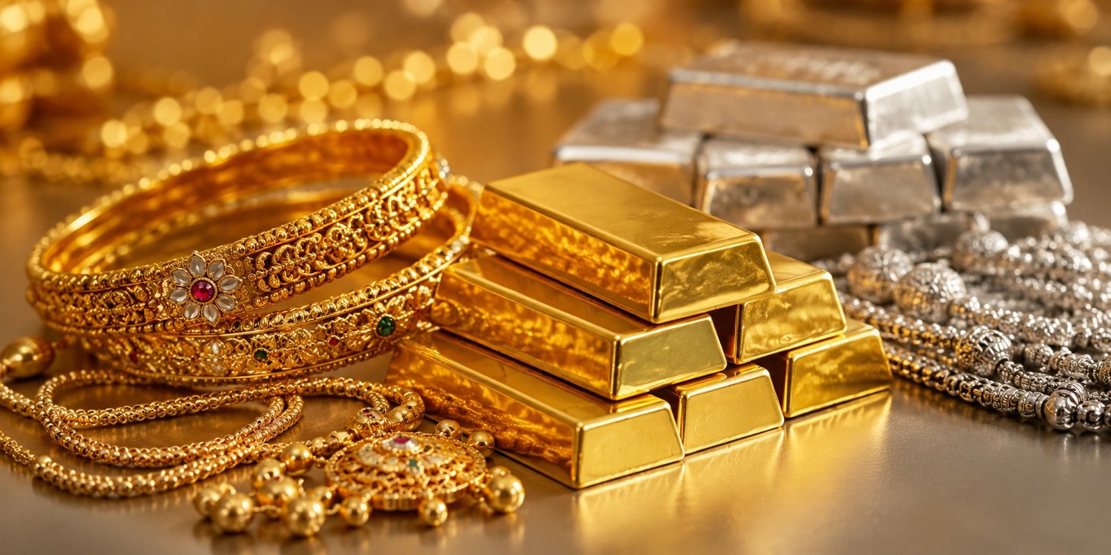 Gold bars, gold jewellery and silver bars displayed together.