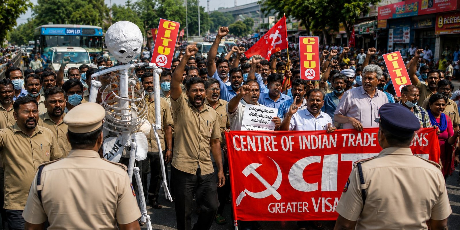 APSRTC outsourcing employees participating in Vijayawada protest rally.