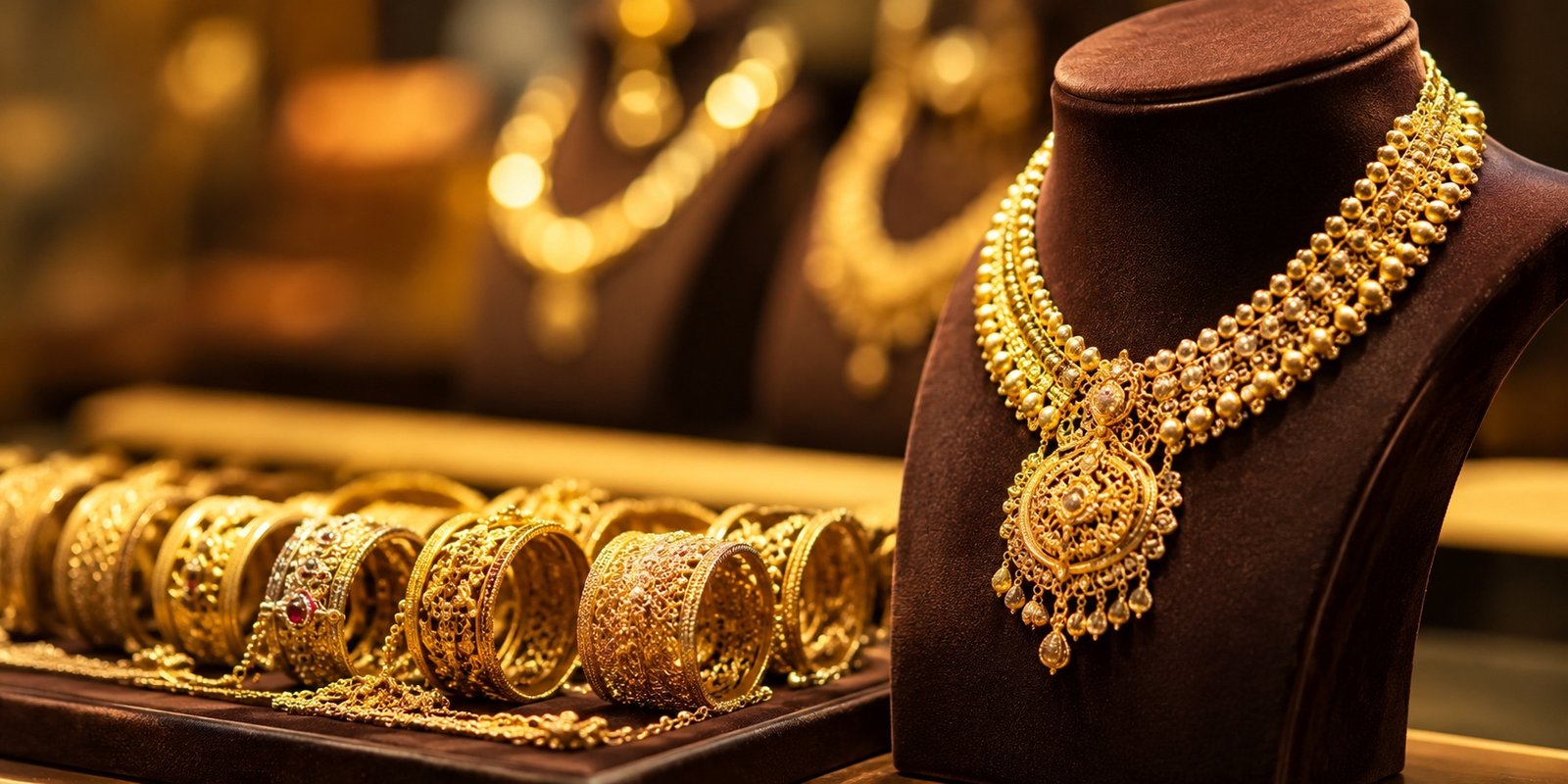 Gold jewellery displayed at a jewellery showroom in Hyderabad.