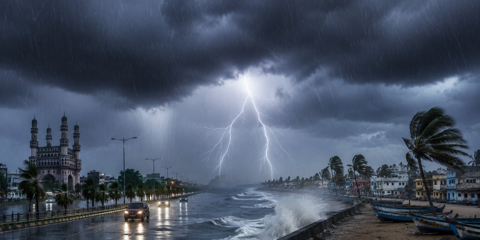 Heavy rain clouds over Telangana and Andhra Pradesh during monsoon.