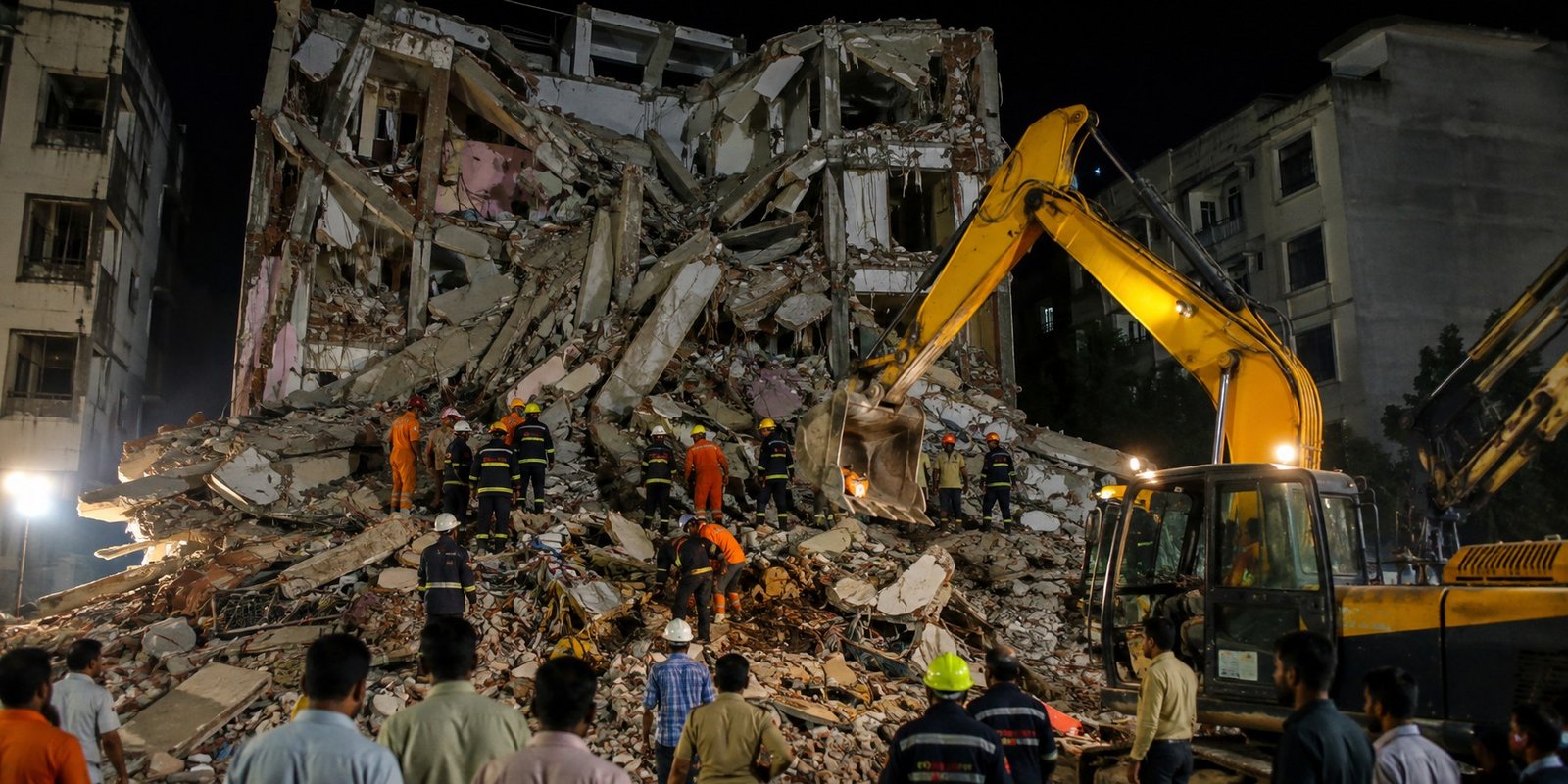 Rescue teams clearing debris after Bhiwandi building collapse.