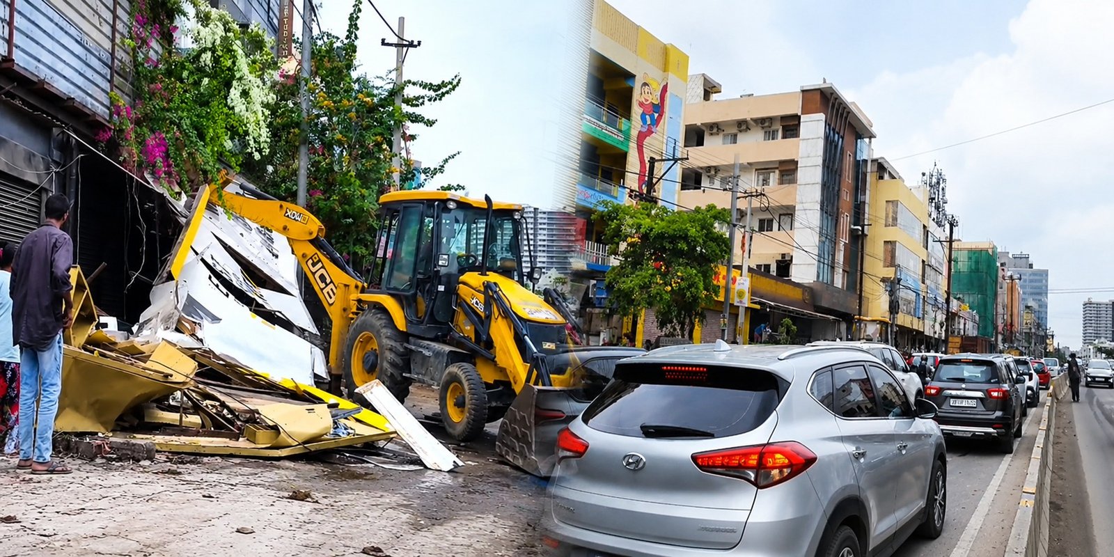 HYDRA removing encroachments on Gachibowli-Kondapur main road.