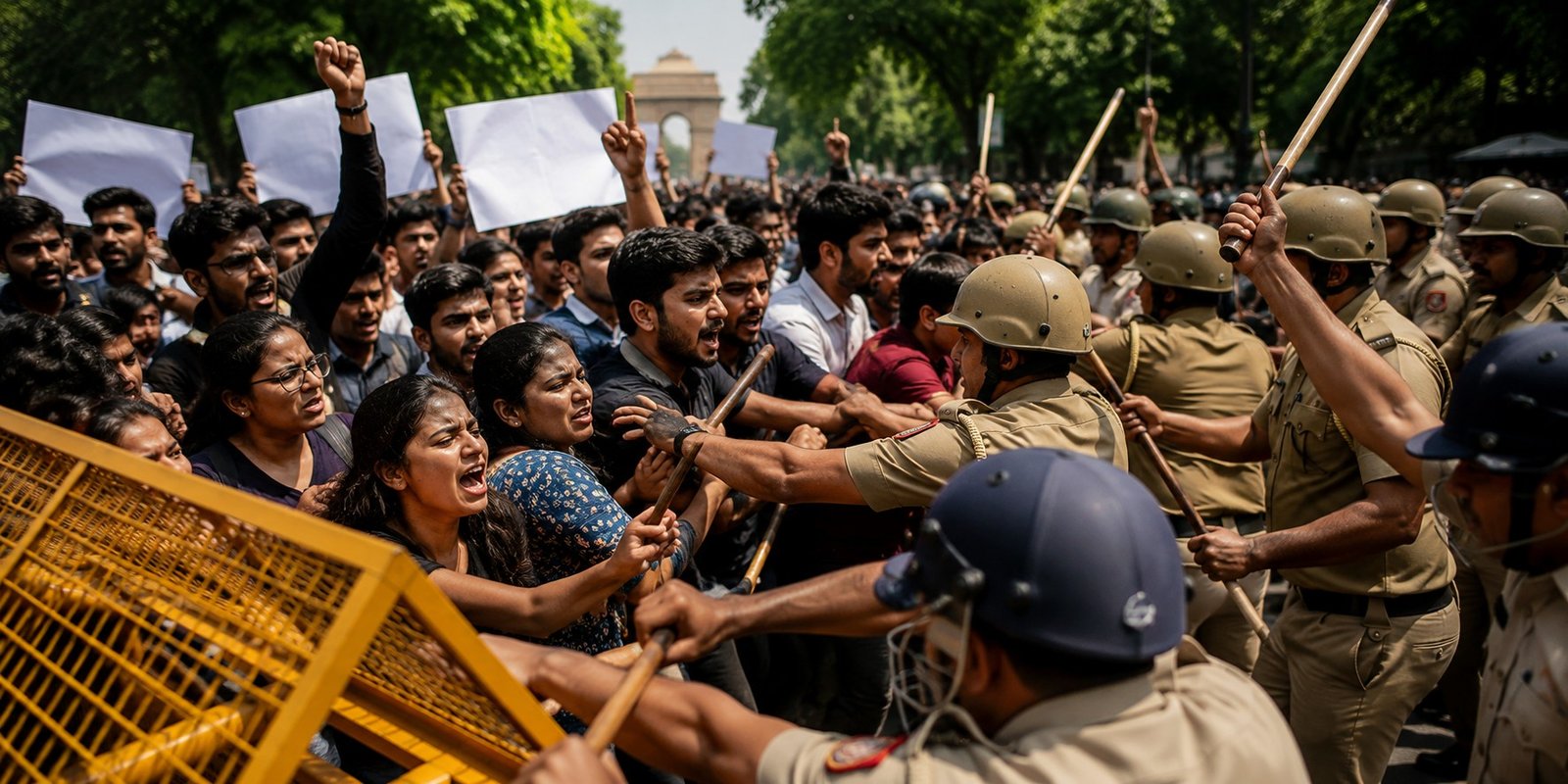 Students protesting near Jantar Mantar amid heavy police presence.