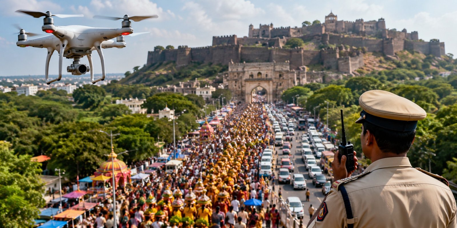 Drone surveillance monitoring traffic during the Golconda Bonalu festival in Hyderabad.