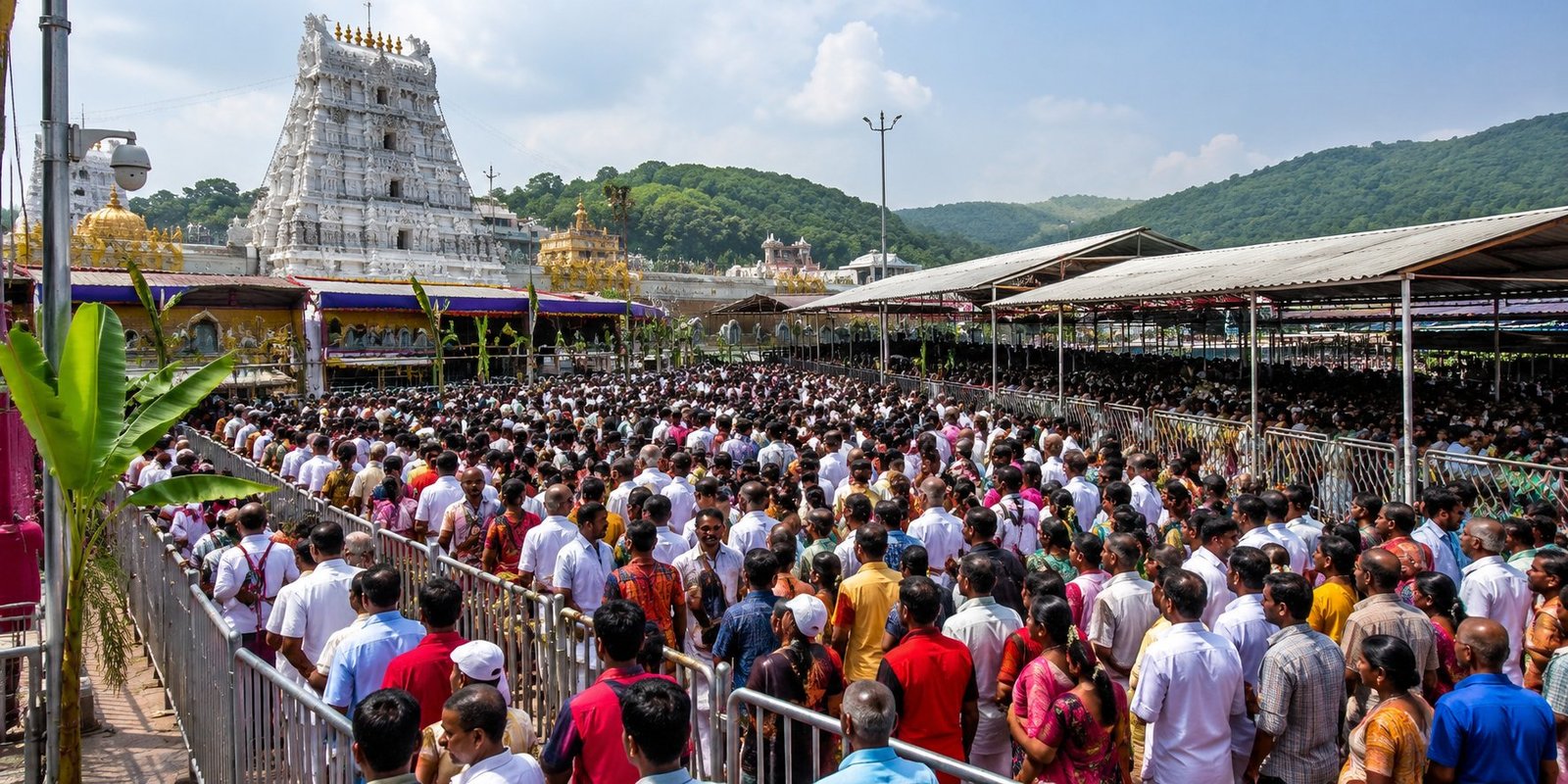 Devotees waiting in long queues at Tirumala temple.