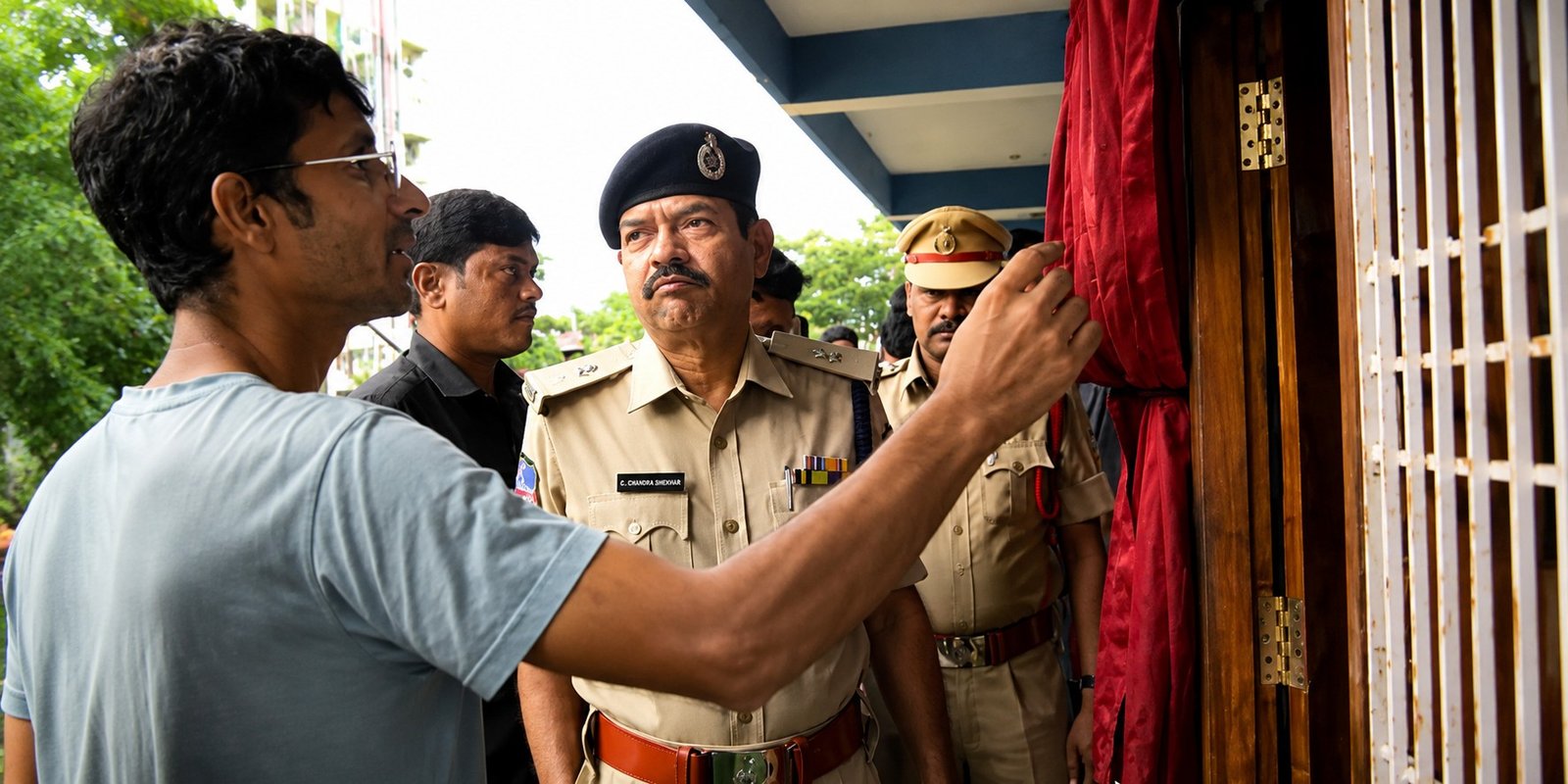 Police inspect robbery scene at a house in Karimnagar.