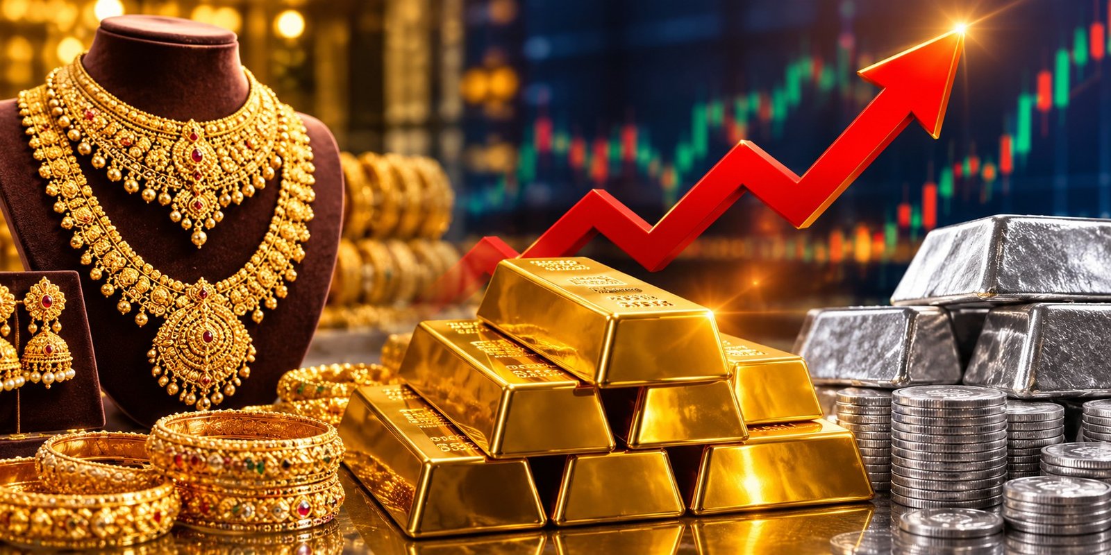 Gold Prices Rise, Gold jewellery displayed with today's latest gold price update.