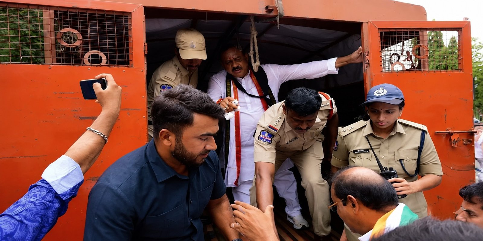 TPCC chief Mahesh Kumar Goud being detained by Hyderabad Police during the Congress protest.