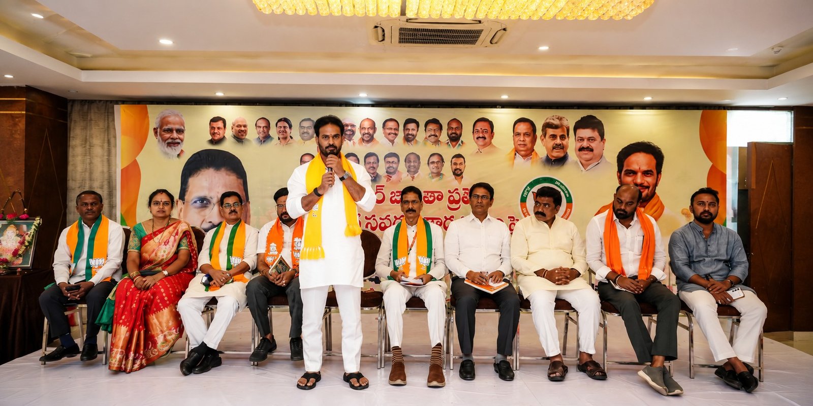 BJP leaders addressing Sherilingampally SIR review meeting in Miyapur.