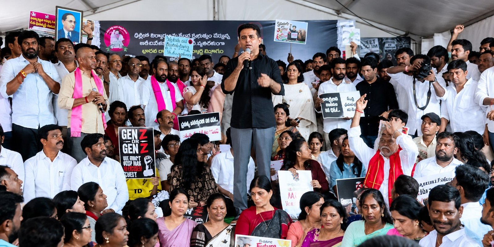 KTR addressing media over protest against Central Government.