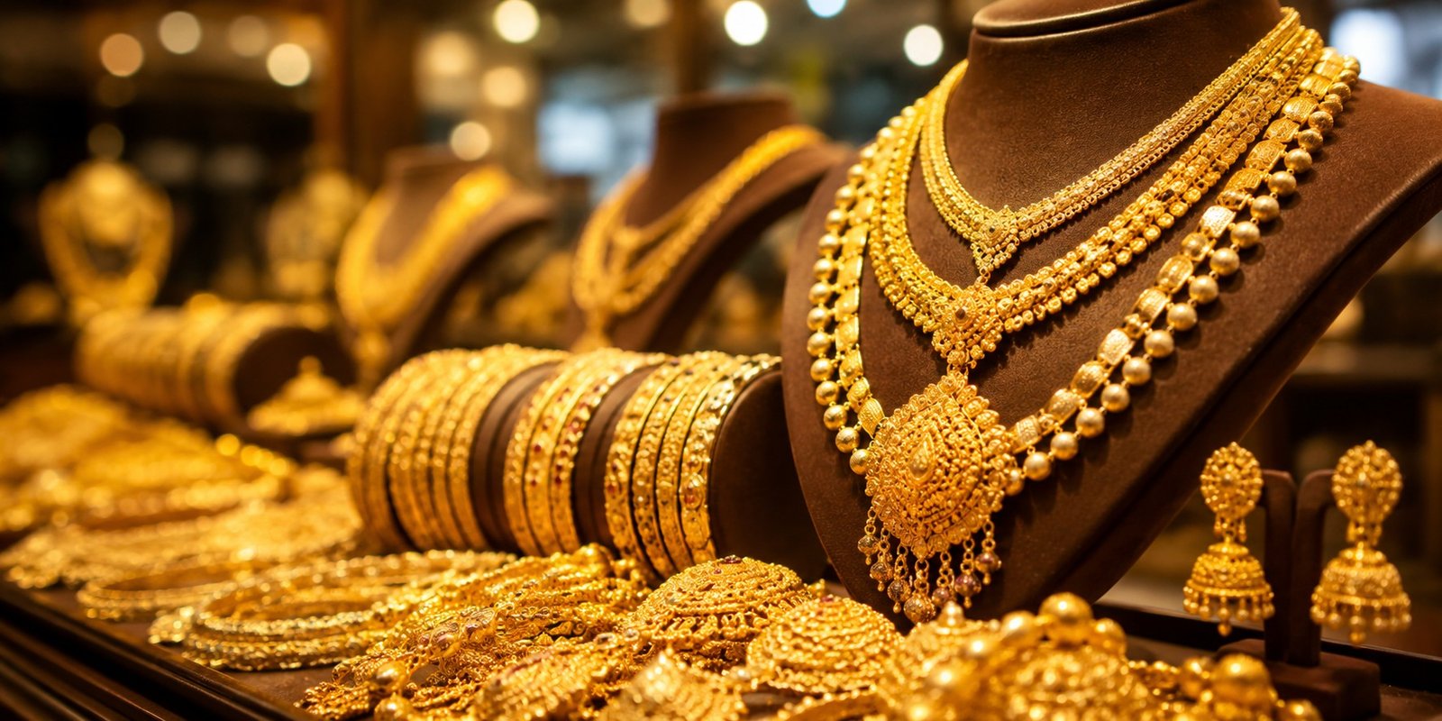 Gold jewellery displayed at a jewellery store in Hyderabad.