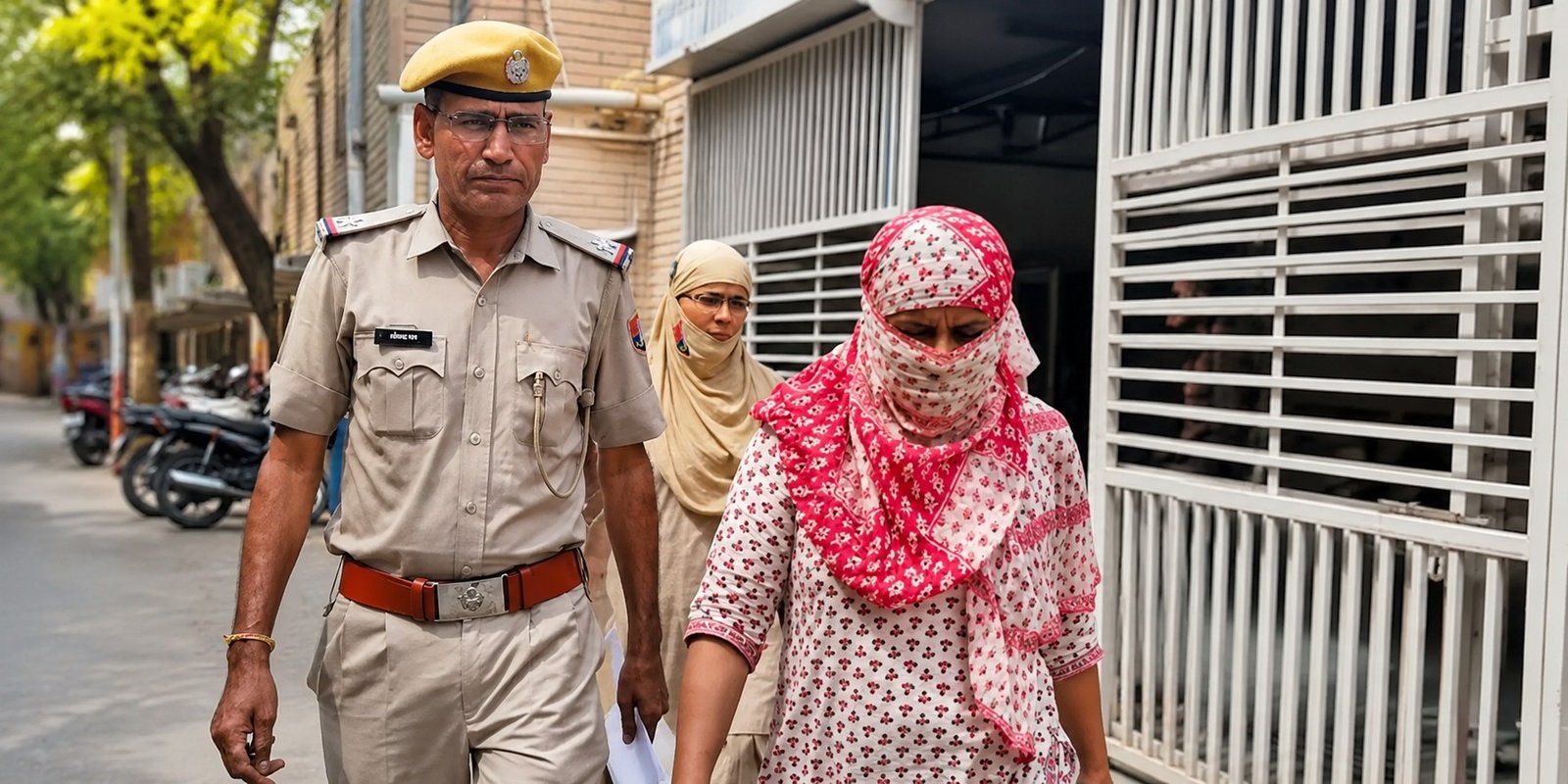 Police escort arrested nurse in Barmer extortion case.