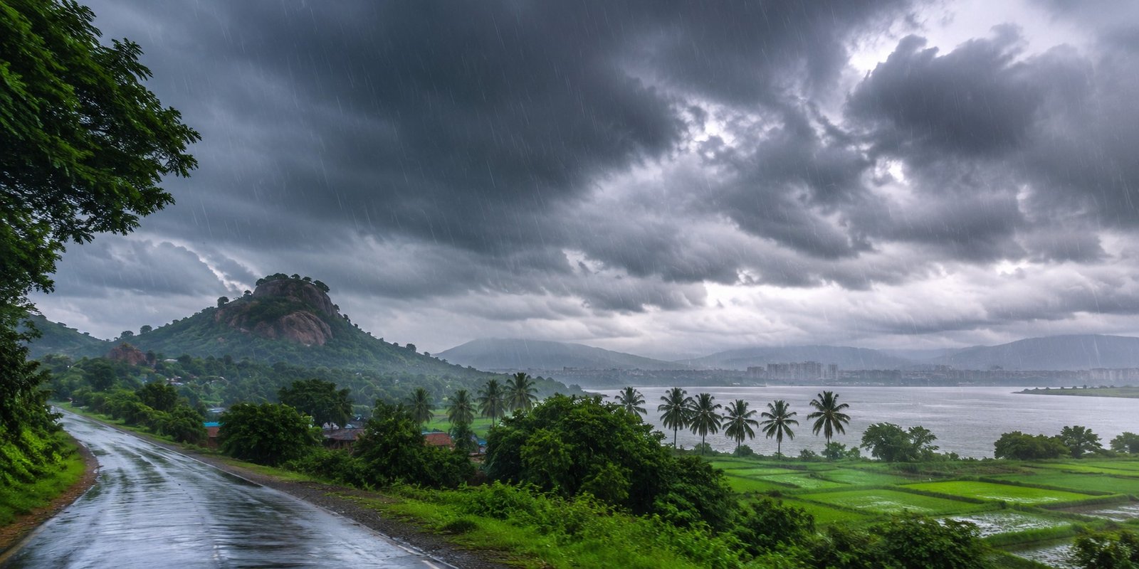 Cloudy skies with light rain over Telangana and Andhra Pradesh.
