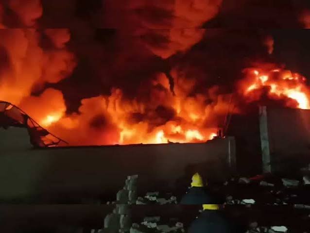 Firefighters battling a massive plastic warehouse fire in Meerpet.