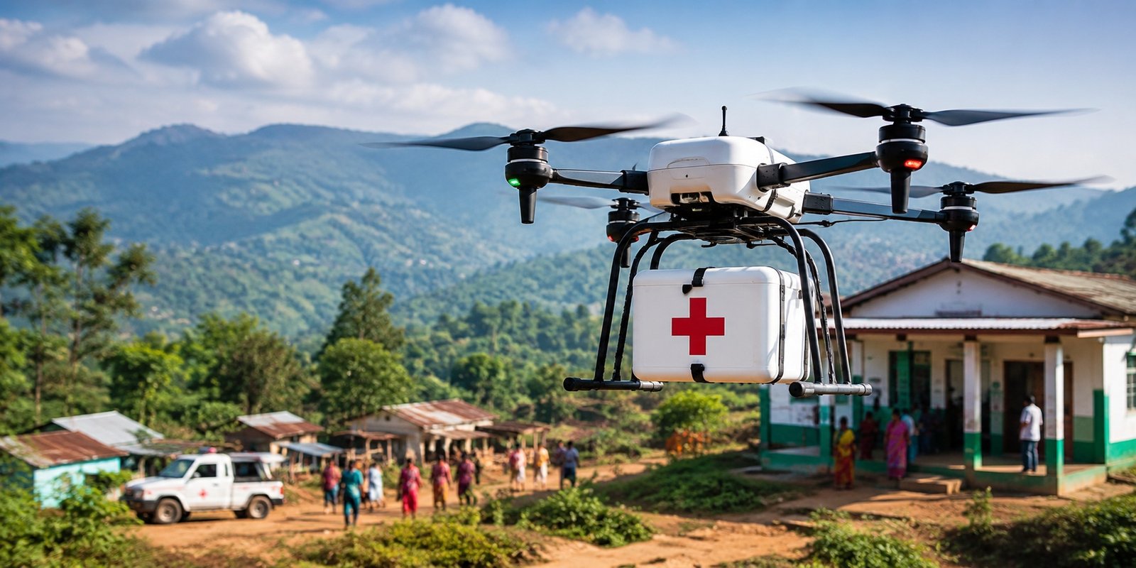Drone delivering medical supplies in Paderu tribal region.