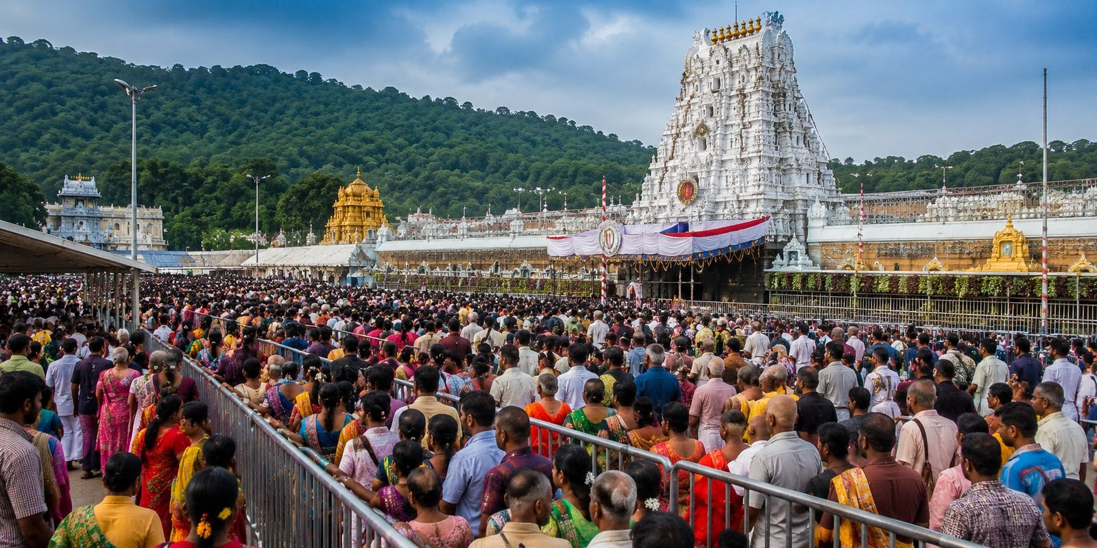 Devotees waiting in long queues at Tirumala temple.