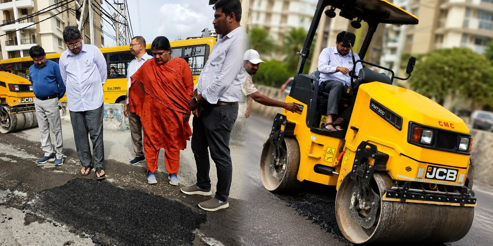 Narayan Amit IAS inspecting road pothole repair works in Cyberabad.