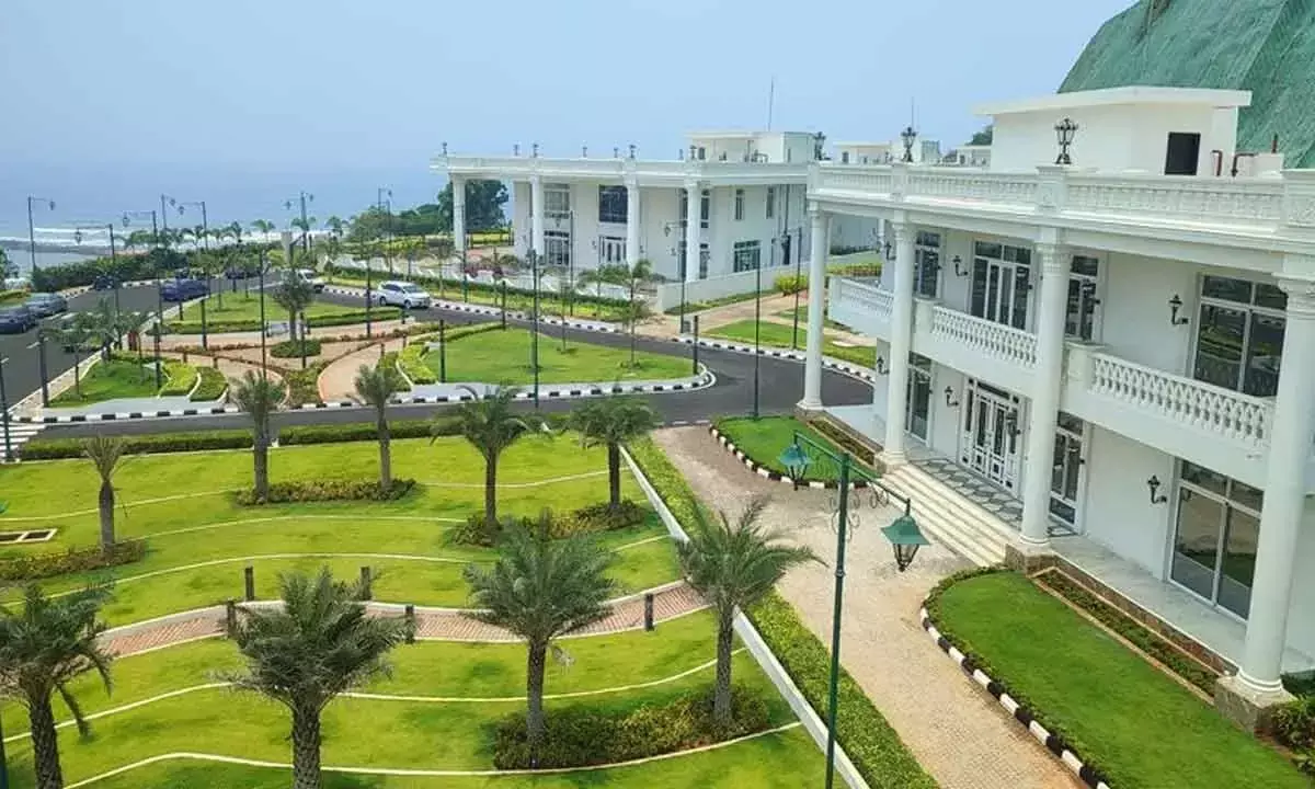 Rushikonda Palace building overlooking the Visakhapatnam coastline.