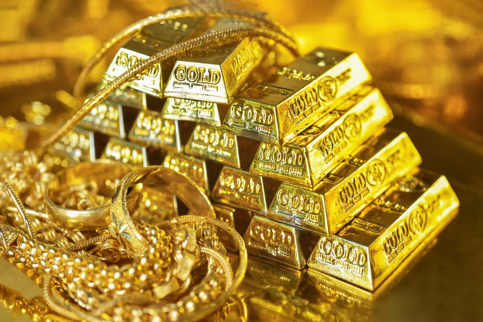 Gold jewellery displayed at a retail showroom in India.