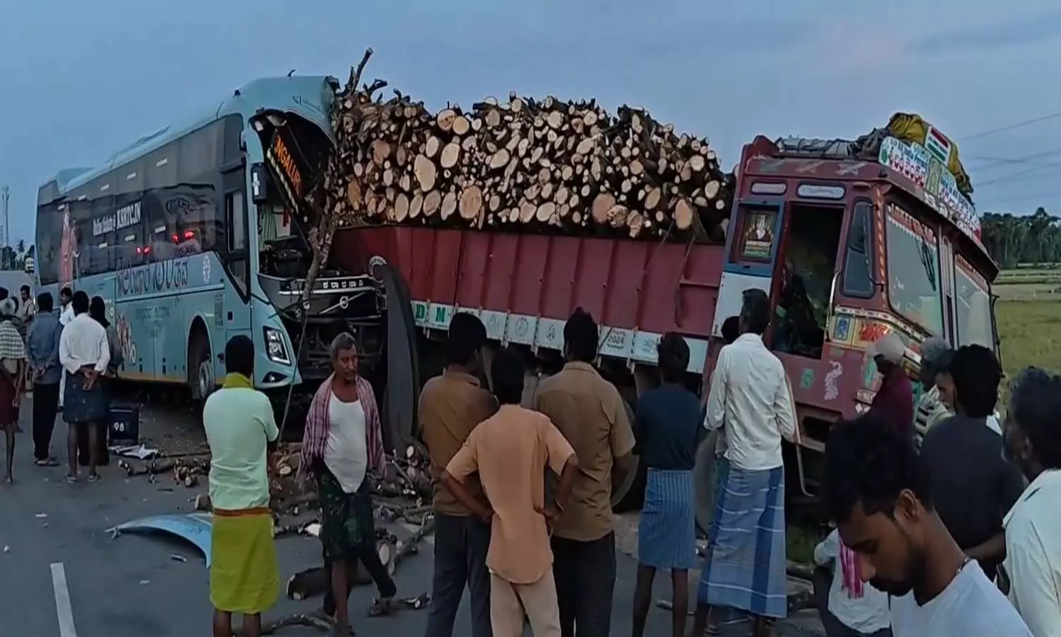 Karnataka RTC Volvo bus damaged after Tirupati road accident