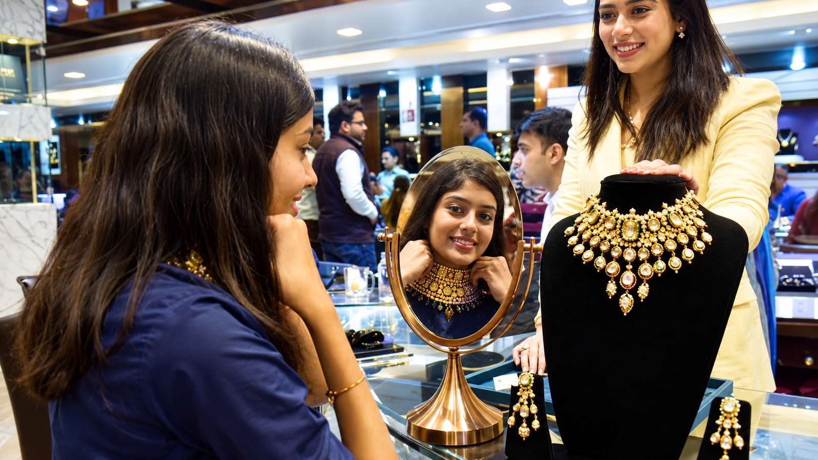 Gold jewellery displayed amid rising gold prices on Shravan Friday