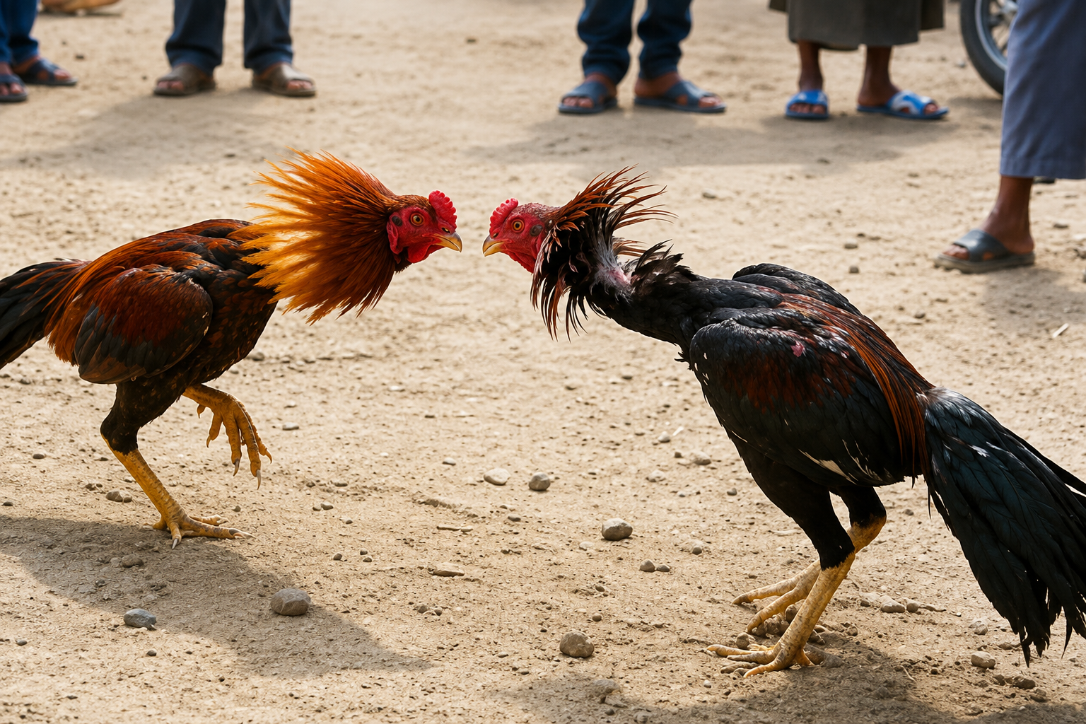 Mancherial police display seized knives and roosters after cockfighting raid.