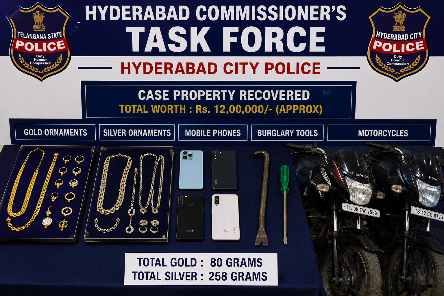Recovered gold, silver and bikes seized in Hyderabad Task force case.