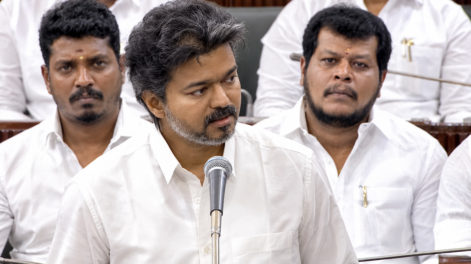 Tamil Nadu CM Vijay announcing benefits for MLAs and public welfare schemes