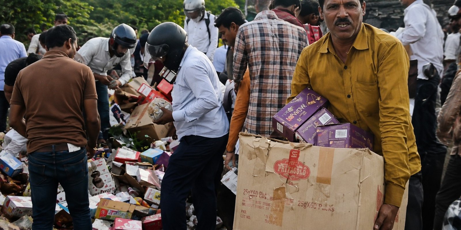 People collecting discarded expired chocolates at Kanpur dumping site