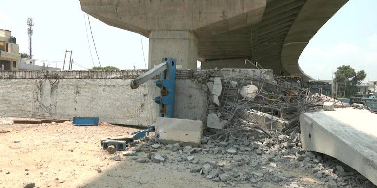 Collapsed under-construction flyover segment at Jakh in Samba