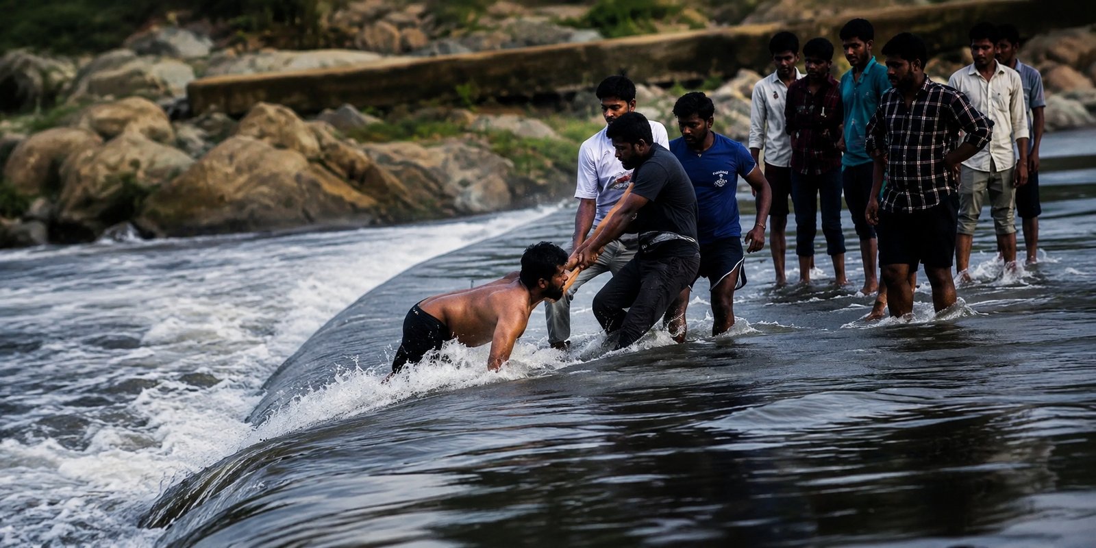 Local youths rescuing two men from flooded Maneru stream.