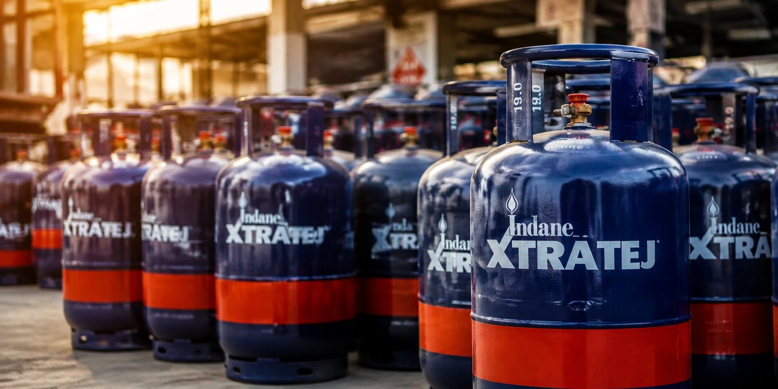 Commercial LPG cylinders stacked outside a gas distribution center.