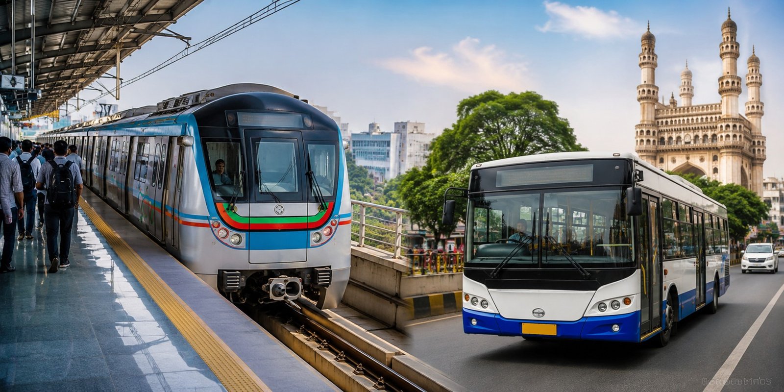 Hyderabad Metro train at station with passengers waiting