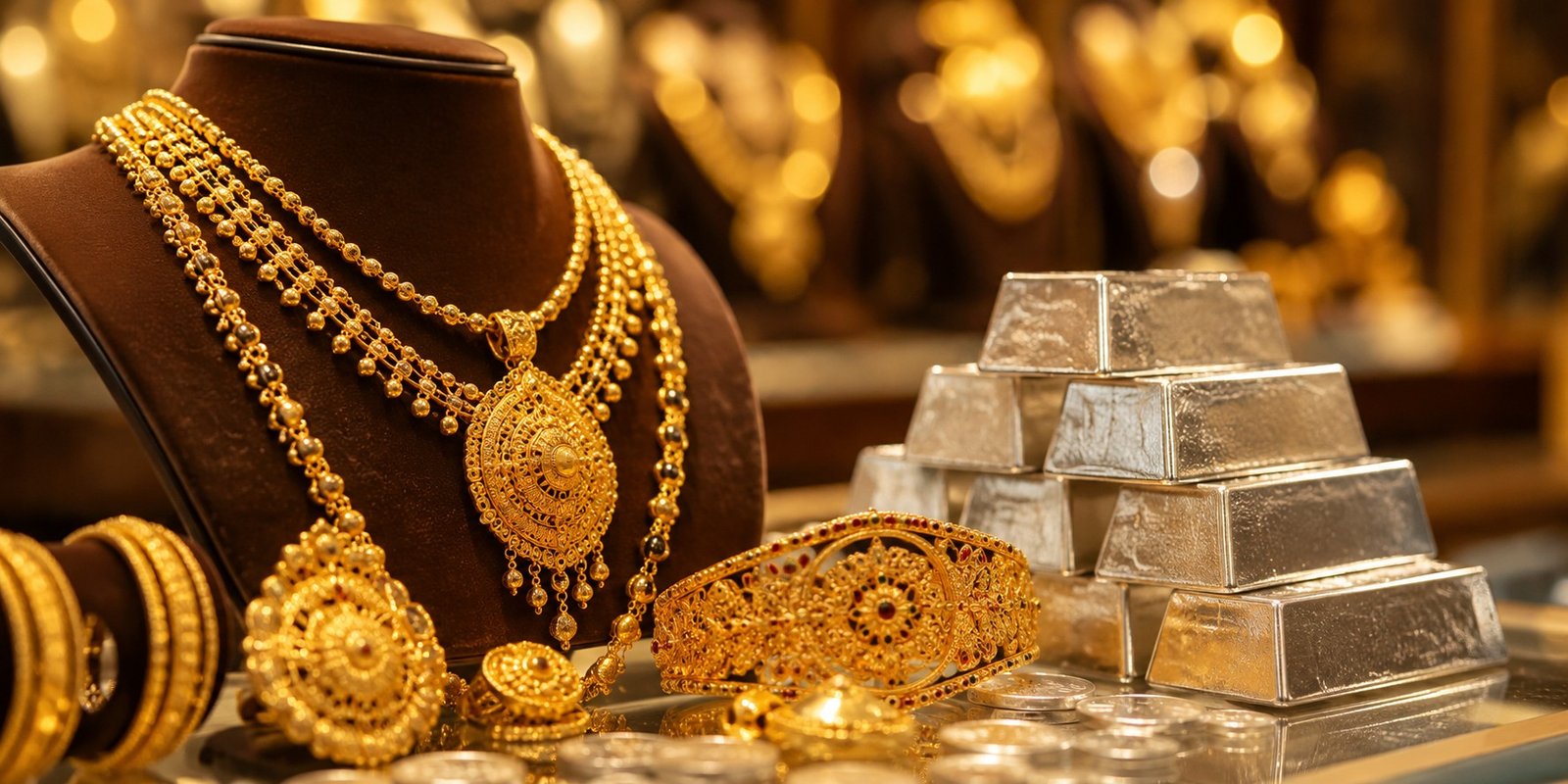 Gold jewellery displayed at a Hyderabad jewellery showroom.