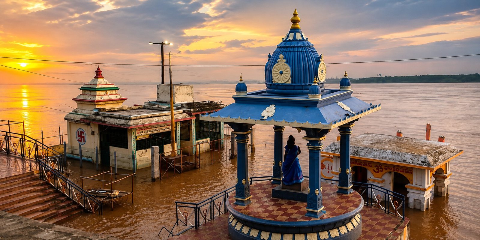 Godavari floodwaters rising near Bhadrachalam bridge.