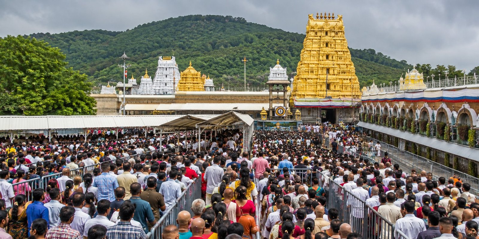 Devotees waiting in long queues for Srivari darshan at Tirumala.