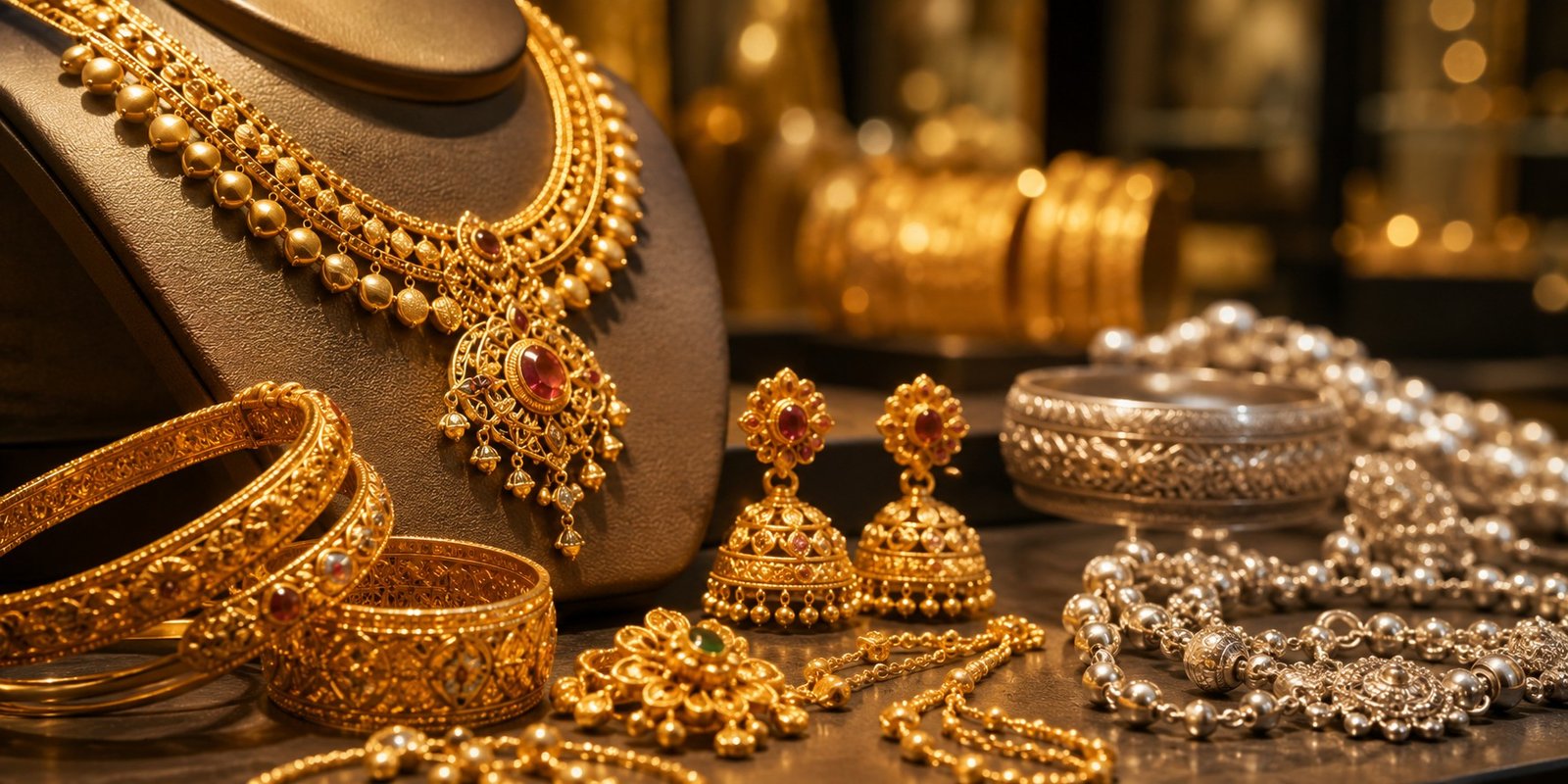 Gold jewellery displayed at a jewellery showroom in Hyderabad.