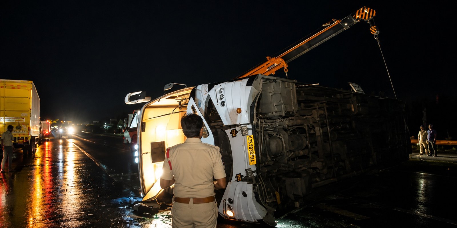 Overturned private bus near Tellaprolu after road accident.