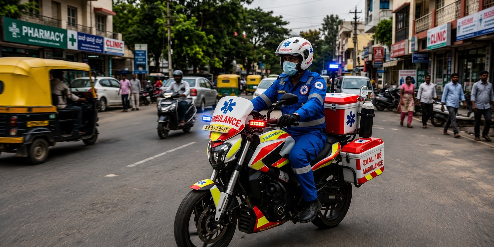 Two-wheeler ambulance for emergency medical services in rural India.