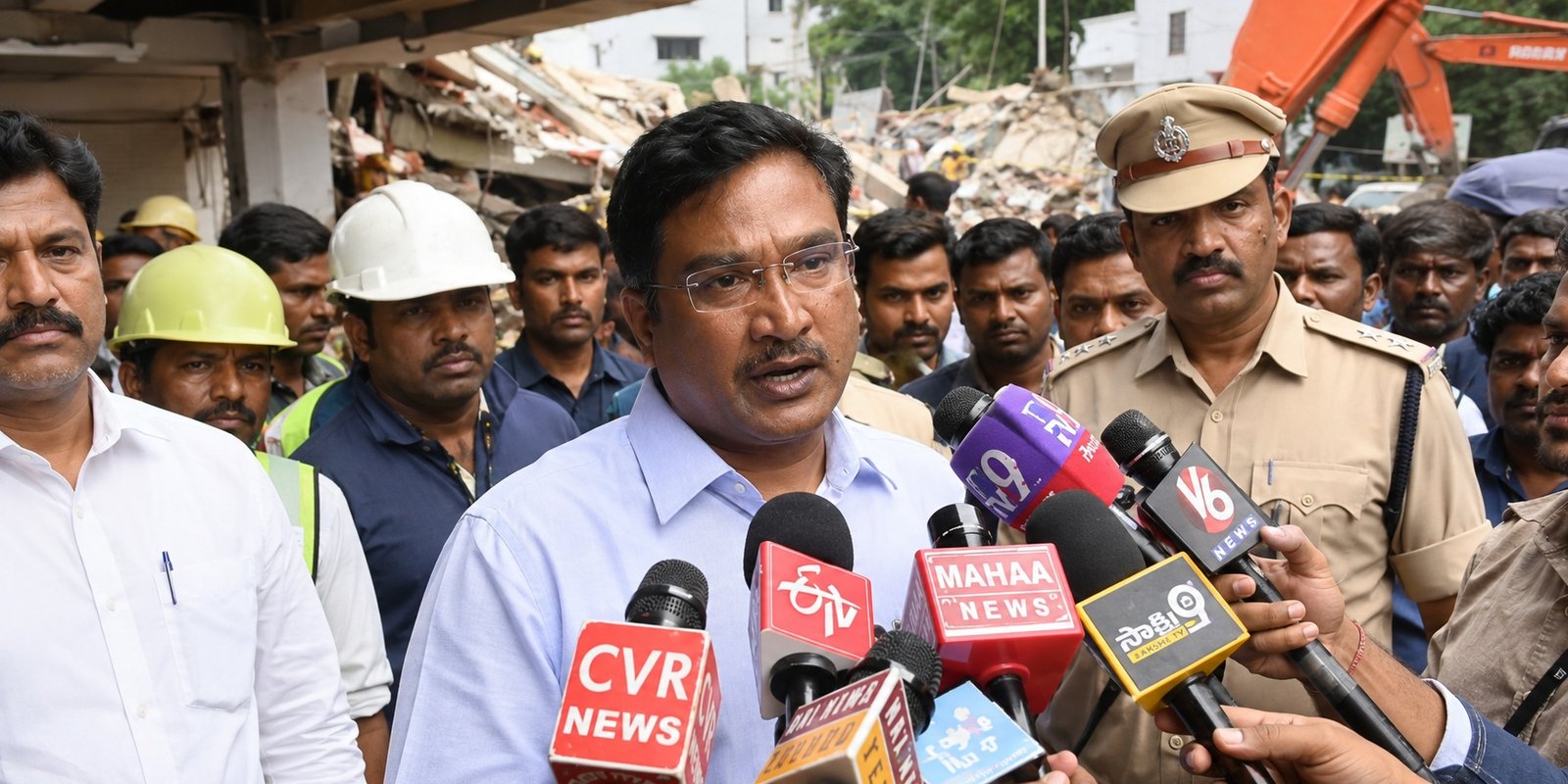 HYDRA officials inspecting the collapsed building in Gachibowli’s Anjaiah Nagar.