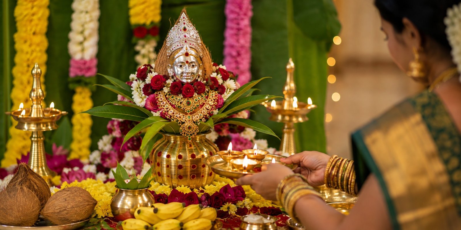 Women performing Varalakshmi Vratham puja at home