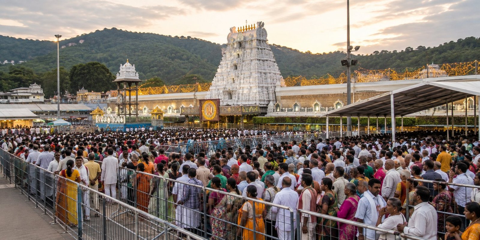 Tirumala temple with devotees waiting in long queues