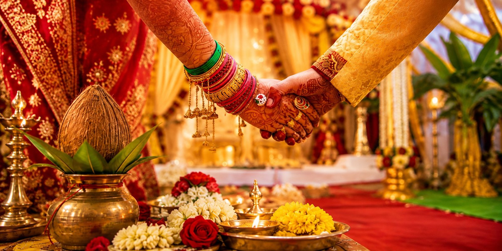 Shravana Masam wedding mandap decorated with flowers and traditional lamps