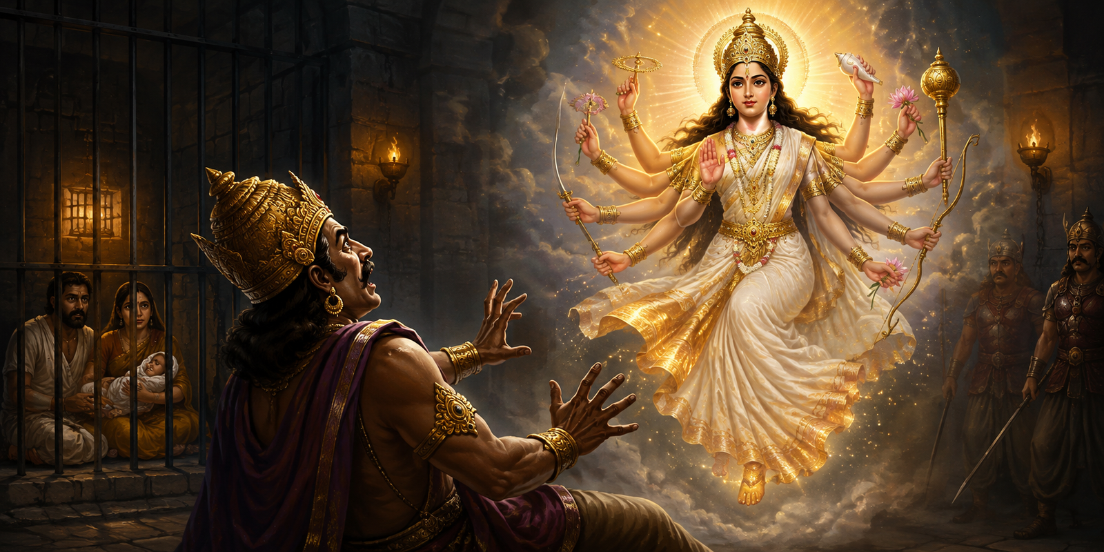 Yogamaya appears in divine form before Kamsa in Mathura.