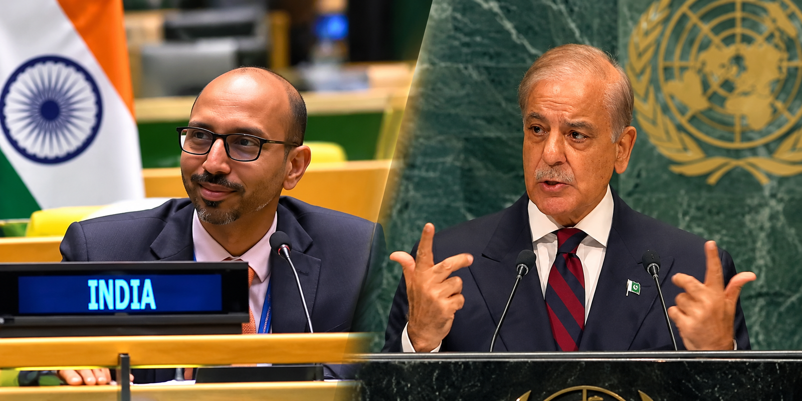 Shehbaz Sharif speaking at UN as Indian diplomat R Srinivas reacts