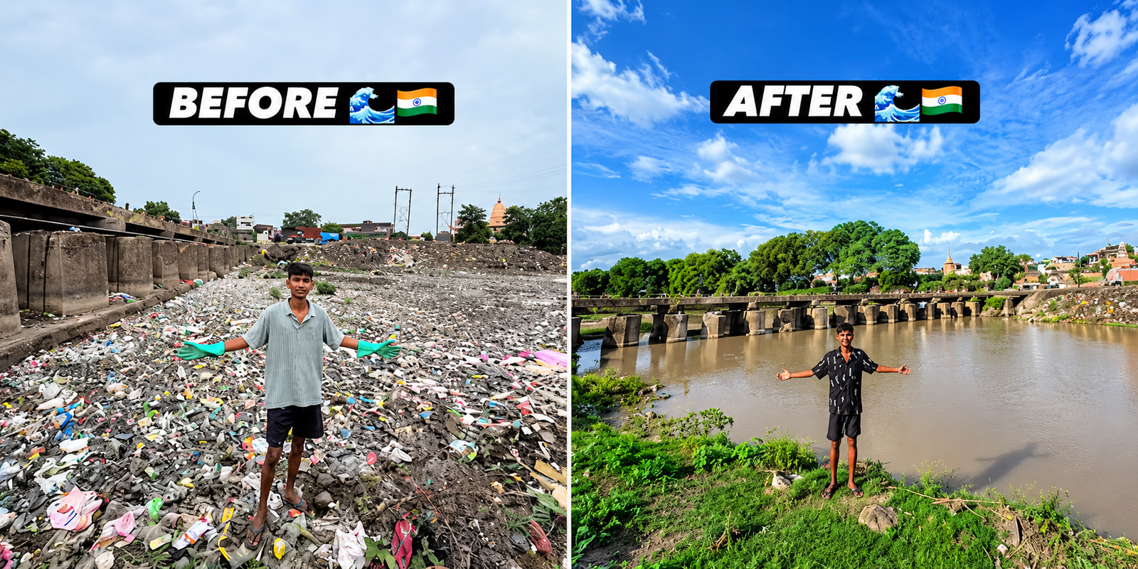 Bittu Tabahi cleaning polluted Ajnar River in Biaora.